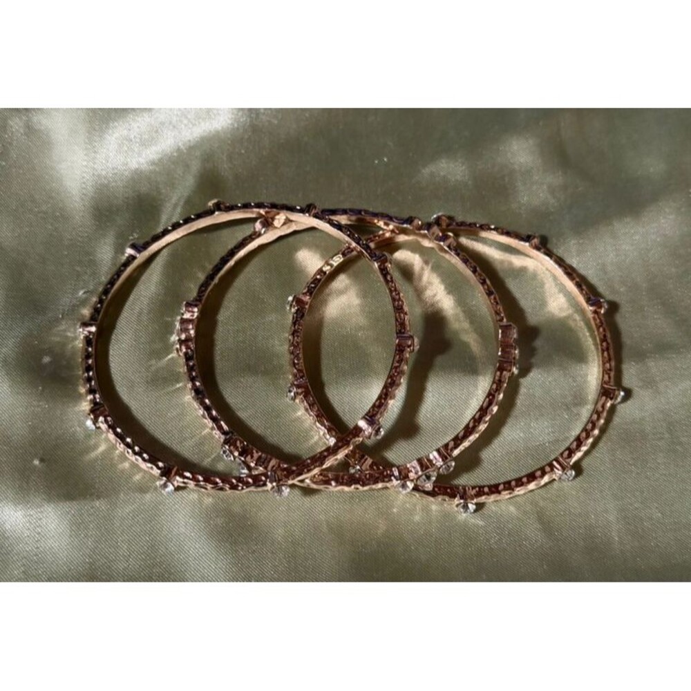 Lot of 3 Rose Gold Hammered Bangles Bezel Crystal Cluster Stacking Set 2.5"